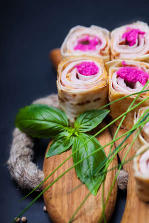 Healthy club sandwich pita bread roll with cheese,hamの写真素材