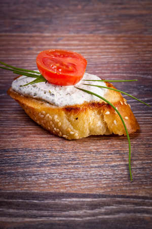 Bruschetta sandwiches with cottage cheeseの写真素材