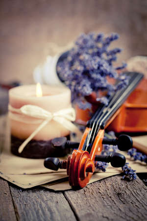 Vintage composition with violin and lavenderの写真素材