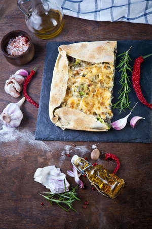 Tarte pie with broccoli, cheese and fresh onionの写真素材