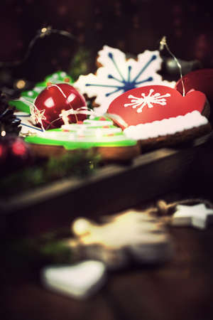 Christmas decoration over the dark wooden background