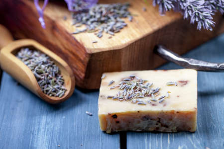 Lavender spa setting. Wellness theme with lavender products.の写真素材