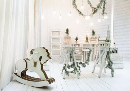 Merry christmas loft background in whiteの写真素材