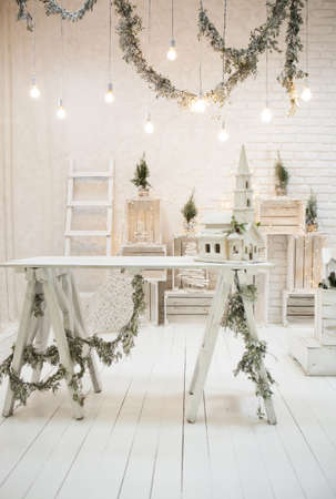 Merry christmas loft background in whiteの写真素材