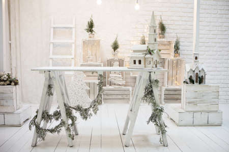Merry christmas loft background in whiteの写真素材