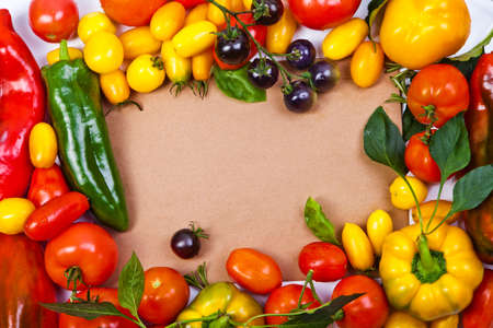 Assorted tomatoes and vegetables isolated on white background. Photo for your designの写真素材