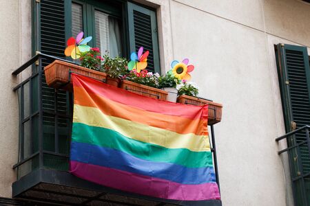 Rainbow banners decorating the streetsの写真素材