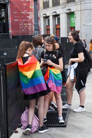 June, 30 2017. Madrid, Spain. Group of friends celebrating the gay pride party in Madridのeditorial素材