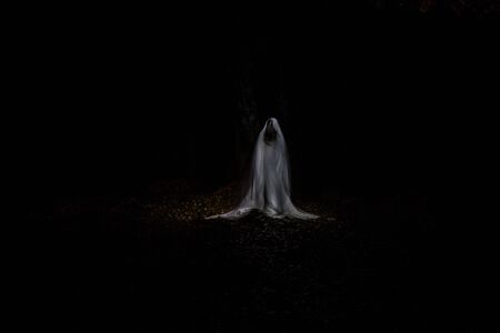 Picture of a ghost in the middle of the forest with total darkness and made using the lightpainting techniqueの写真素材