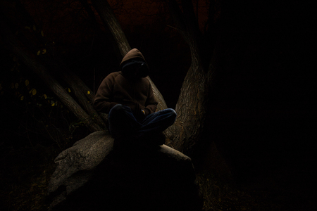 A sinister character on a tree, photographed without flash, only with a flashlightの写真素材