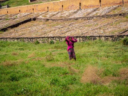 Jaipur, India, 18-20 September 2018, Indian women at work in their usual chores dressed in the typical coloured saris.のeditorial素材
