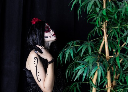Make-up model with theme Mexican Day of the Dead in a study session in madrid, spainの写真素材