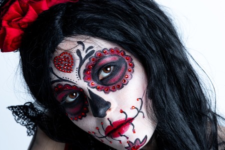 Make-up model with theme Mexican Day of the Dead in a study session in madrid, spainの写真素材