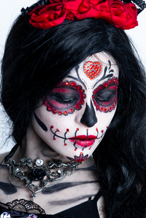 Make-up model with theme Mexican Day of the Dead in a study session in madrid, spainの写真素材