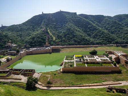 Panoramic views of the gardens from Amber Fort in Jaipur, Indiaの写真素材