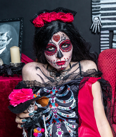 Make-up model with theme Mexican Day of the Dead in a study session in madrid, spainの写真素材