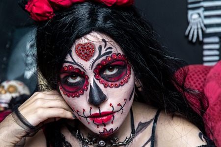 Make-up model with theme Mexican Day of the Dead in a study session in madrid, spainの写真素材