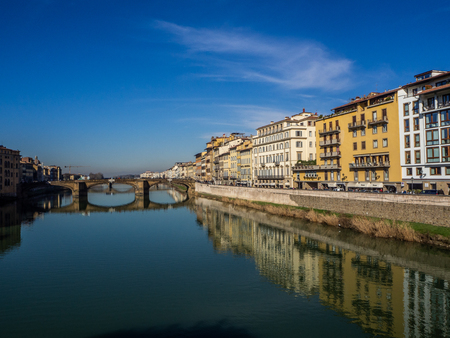 Panoramic view of the river Arno with the Ponte Vechio from a point of view of heightのeditorial素材