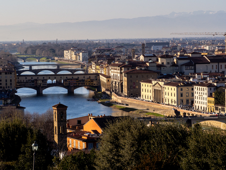 Panoramic view of the river Arno with the Ponte Vechio from a point of view of heightの写真素材