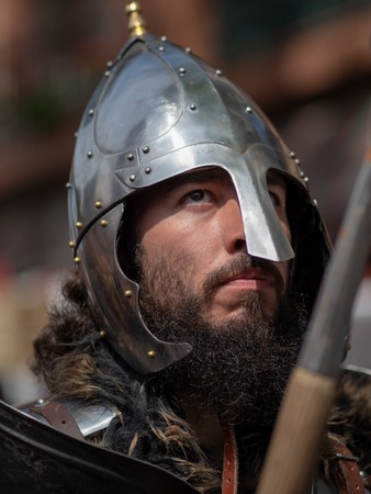 May 01, 2019 City of El Alamo, Guadalajara, Spain, Medieval market. The inhabitants of the City of El Alamo disguise themselves and perform in the streets during the festivity of the medieval market of the city.のeditorial素材
