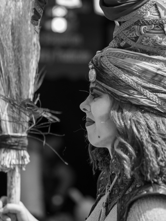 May 01, 2019 City of El Alamo, Guadalajara, Spain, Medieval market. The inhabitants of the City of El Alamo disguise themselves and perform in the streets during the festivity of the medieval market of the city.のeditorial素材