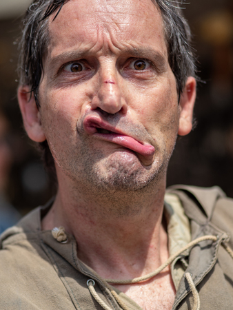 May 01, 2019 City of El Alamo, Guadalajara, Spain, Medieval market. The inhabitants of the City of El Alamo disguise themselves and perform in the streets during the festivity of the medieval market of the city.のeditorial素材