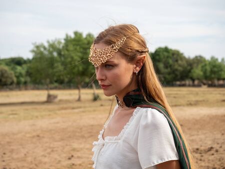 Close-up of blonde girl with blue eyes and elf ears in the field wearing a green capeの写真素材