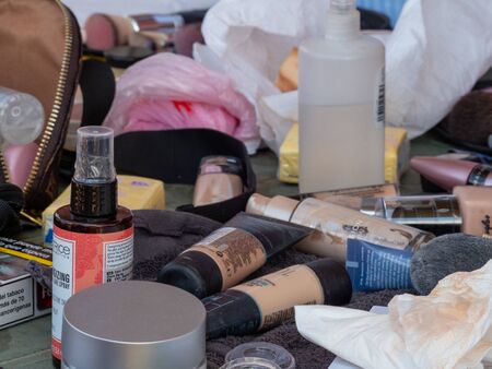 Ready-to-use make-up items on a tableの写真素材