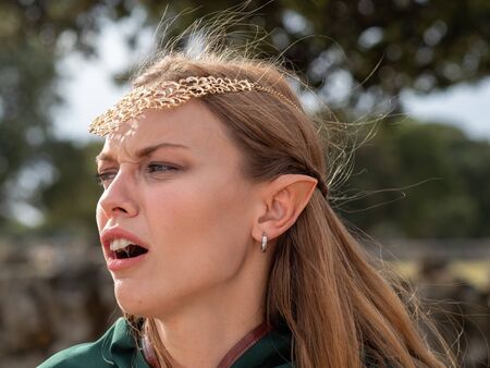 Close-up of blonde girl with blue eyes and elf ears in the field wearing a green capeの写真素材