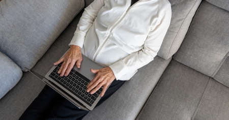 Relaxed elderly female sitting on soft couch at home and surfing Internet on laptopの写真素材