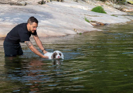 Dog handler teaching puppy to swim in lagoon. White puppy learning to swim in a lake.の写真素材