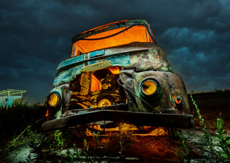 Night truck photography with dramatic skyの写真素材