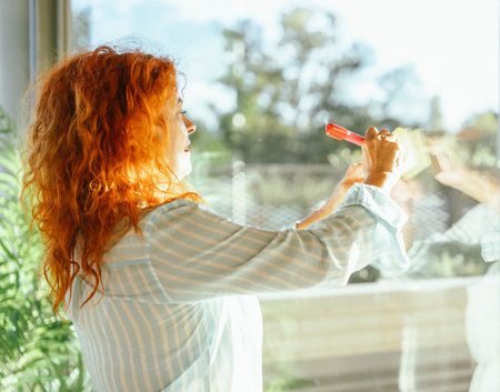 Creative businesswoman writing ideas on a window. Brainstorming and business concept.の写真素材