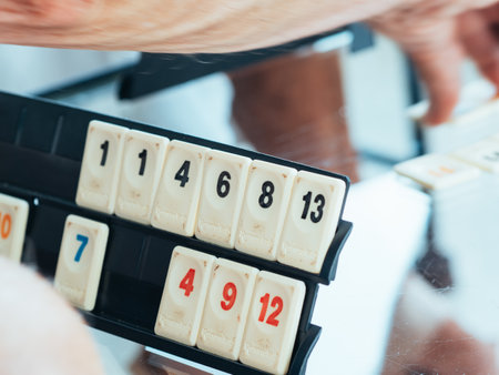 Board game for seniors consisting of making combinations of numbers, winning the first to place all their chipsの写真素材