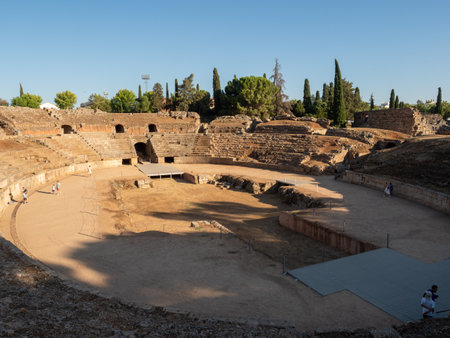 View of the Roman Amphitheater of Merida, in Merida, Spain. Travel and tourism concept.の写真素材