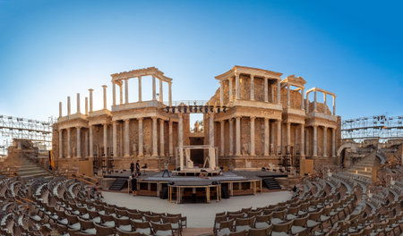 View of people setting up the stage of the Roman Amphitheater of Merida, in Merida, Spain. Tourism concept.の写真素材