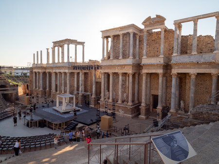 View at sunset of the Roman Amphitheater of Mï¿½rida, Extremadura, Spain. Tourism concept.の写真素材
