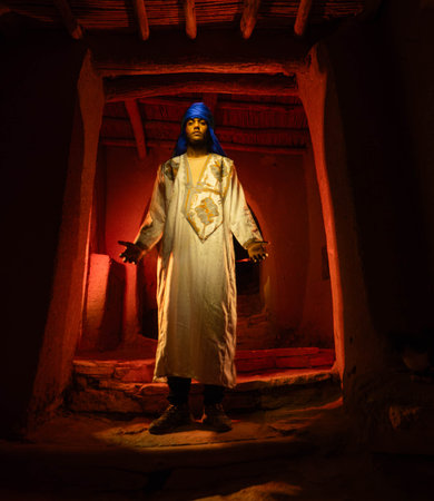 Berber man wearing white embroidered djellaba and blue turban stands with open arms in a dramatically lit traditional mud-brick doorway with wooden beam ceiling, southern Morocco.の写真素材