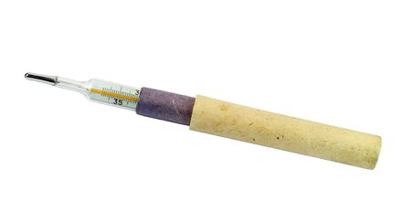 Body thermometer in a cardboard case isolated on white