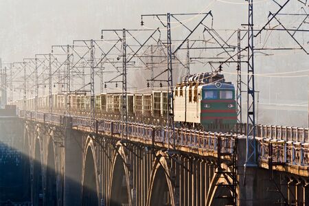 Freight train on a bridge over the Dnieper. Kyiv, Ukraineのeditorial素材