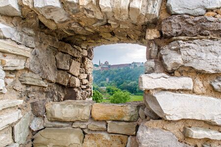 View from the embrasure. Curtain wall at Kamyanets-Podilsky fortress, Ukraineの写真素材