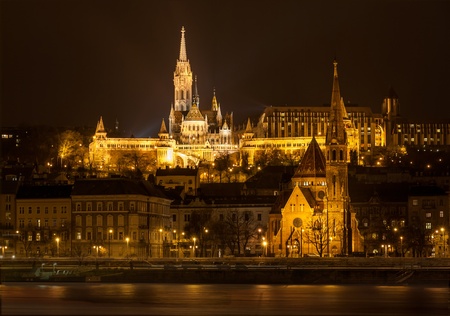Matthias Church and Protestant church in Budapest at nightのeditorial素材
