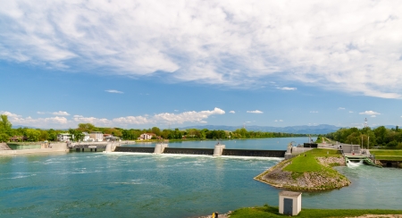 Reservoir of Vogelgrun Hydroelectric Power Plant on Rhine riverの写真素材