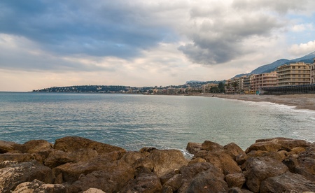 Mediterranean Sea shore in Menton - French Rivieraの写真素材
