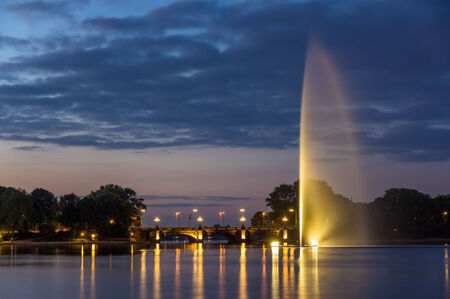 Fountain and Lombardsbrucke in Hamburg, Germanyの写真素材