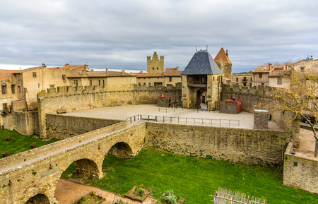 Entrance to the Cite de Carcassonne, a medieval citadel in Franceのeditorial素材