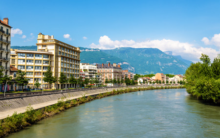 View of Grenoble over the river Isere - Franceの写真素材