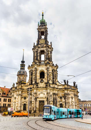Dresden, Germany - May 04, 2014: Cathedral of the Holy Trinity and a tram. Dresden is the capital of Saxony.のeditorial素材