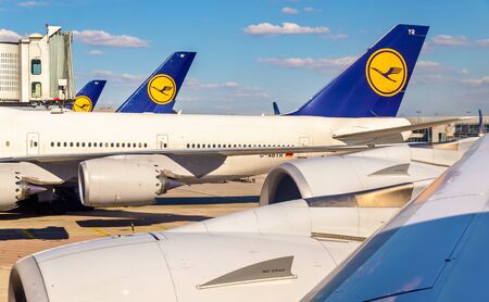 Frankfurt, Germany - February 12, 2016: Lufthansa aircrafts at Frankfurt International airport. It is the busiest airport in Germany in terms of passenger trafficのeditorial素材
