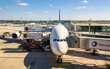 Frankfurt, Germany - February 12, 2016: Lufthansa Airbus A380 at Frankfurt International airport. It is the world's largest passenger airliner.のeditorial素材